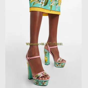 14 см, Сандали на платформа с 3D-принтом, сини Сандали с принтом, дамски летни 2022, на много висок ток с односложным колан, Пикантен дамски обувки