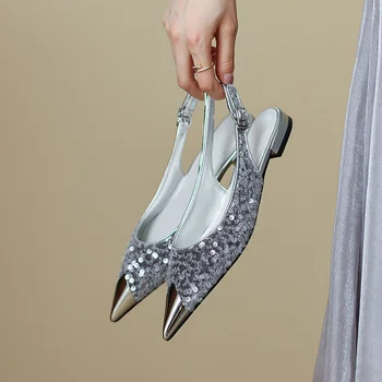 Leshion Of Chanmeb/ Блестящи Сребърни обувки с пайети, женски обувки на равна подметка, Блестящи Черни дамски пролетно-летни обувки с метално бомбе