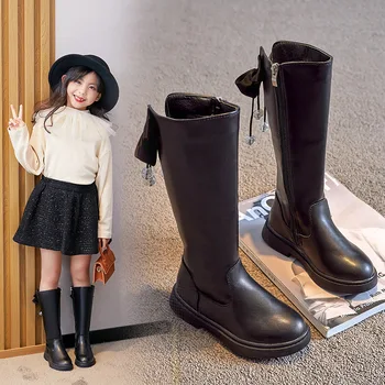 Детски обувки, Модни Детски Ботильоны Среден размер за момичета, Обувки Martin в Британския стил на мълния, Черни обувки 2021, Есен-Зима, Запазване на топлината