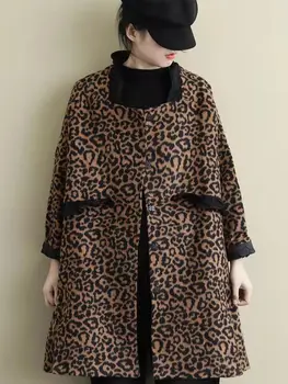 Есенно-зимно модно Вълна палто с кръгло деколте и копчета с леопардовым принтом, женски стеганое палто със средна дължина, с утолщением и тънък нос