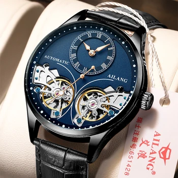 Истинска марка AILANG Мъжки Механични часовници с двойно Турбийоном, Светещи, директно вид, Автоматични Часовници, Мъжки часовници, Кухи Механизъм