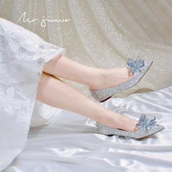Пролетта на нови кристални обувки на принцесата на равна подметка с кристали, сватбени обувки за младоженци, банкет рокля, по-големи размери, дива дамски обувки
