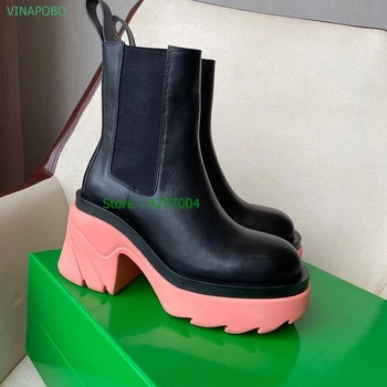 Розови Зимни Нови черни обувки 2022 г.; женски Ботильоны от естествена кожа, с Кръгли пръсти; Модни топли обувки на Челси на платформа и висок дебел ток